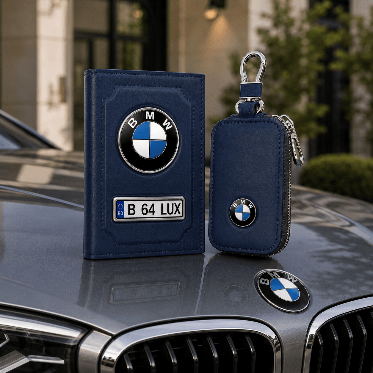 Set Auto Albastru Personalizat, Portofel + Husă Cheie