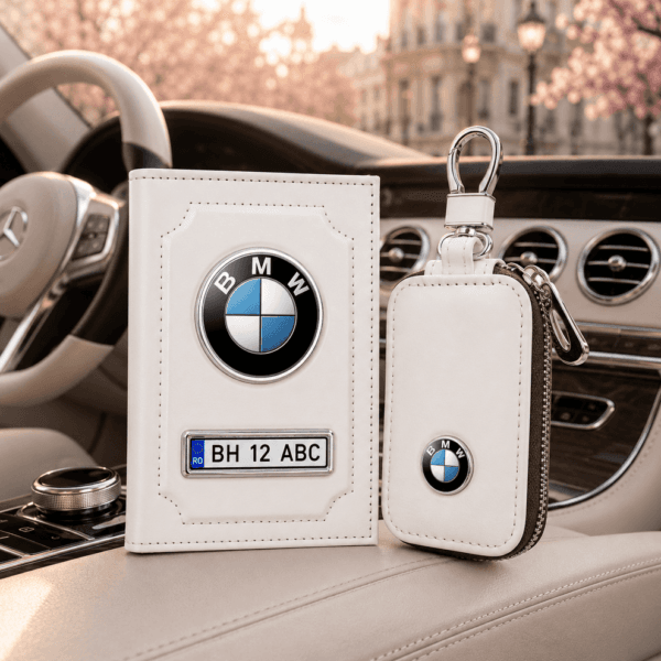 Set Auto Alb Personalizat, Portofel + Husă Cheie