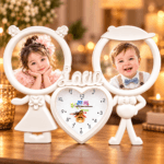 Ramă Foto LOVE Personalizată cu Ceas Inimă și 2 Poze